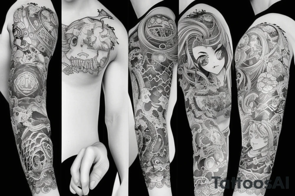 full long tatto sleeve in anime style tattoo idea