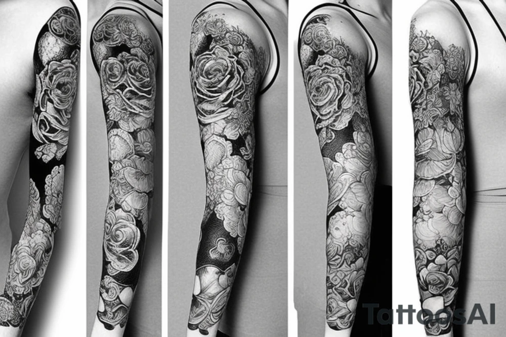 full long tatto sleeve in anime rose style tattoo idea