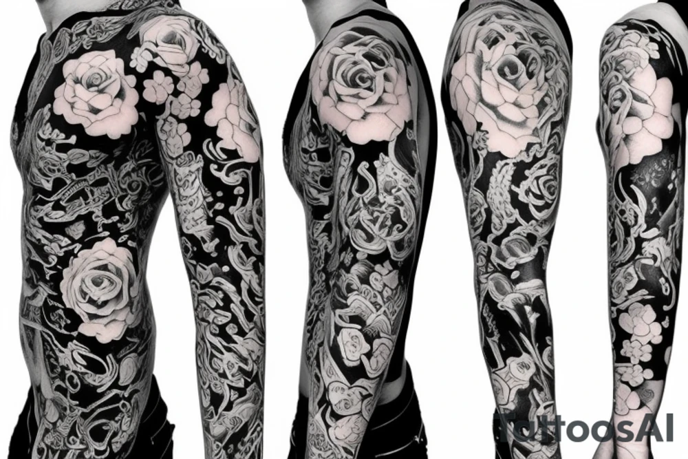 full long tatto sleeve in anime rose style full tattoo idea