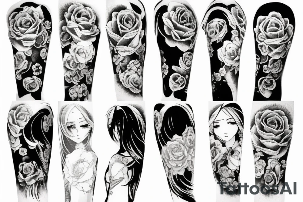 full long tatto sleeve in anime rose style full tattoo idea