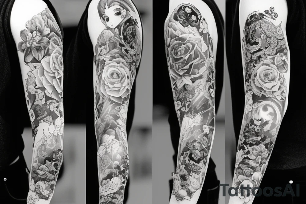 full long tatto sleeve in anime rose style full tattoo idea