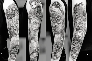 full long tatto sleeve in anime rose style full tattoo idea