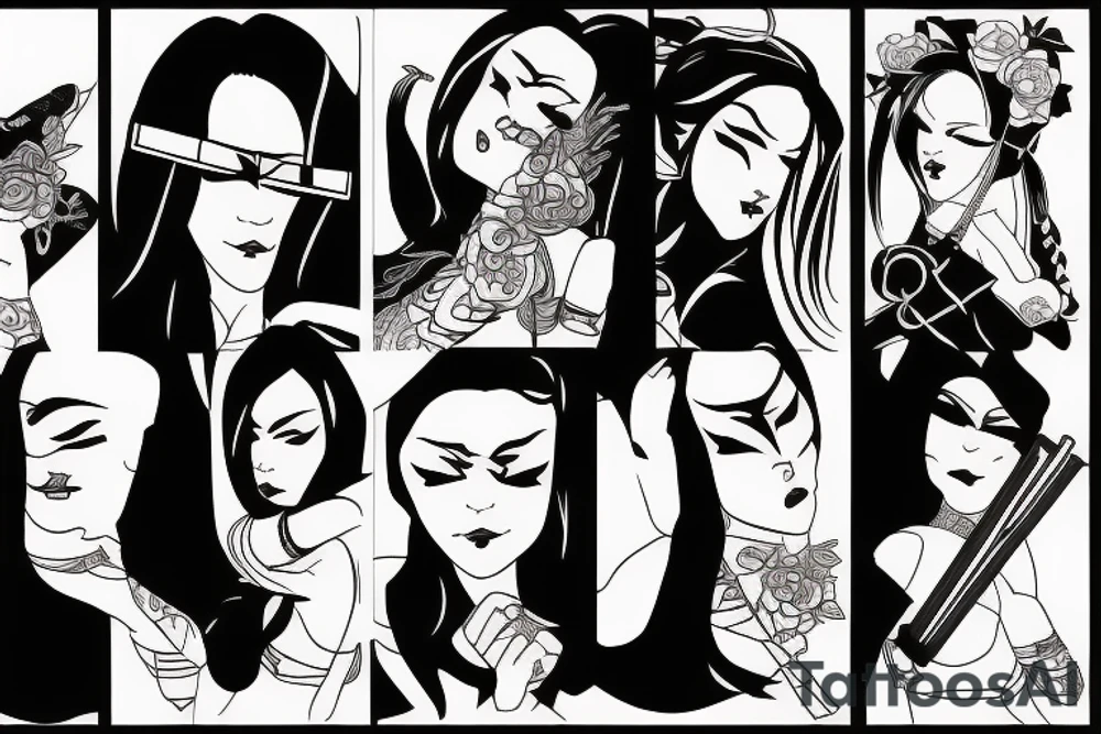 katana blackwork girl tattoo idea