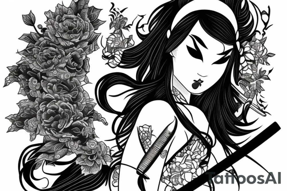 katana blackwork girl tattoo idea