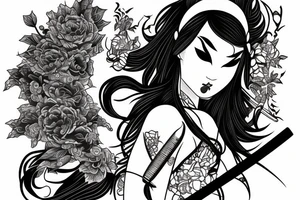 katana blackwork girl tattoo idea