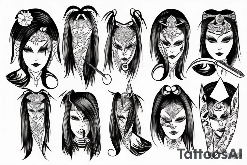 katana blackwork girl tattoo idea