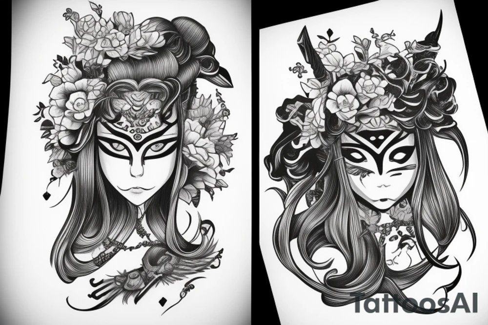 katana blackwork girl tattoo idea