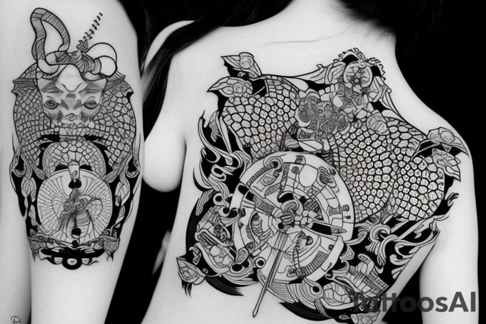 katana blackwork girl tattoo idea