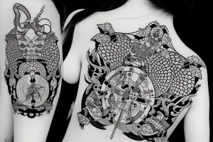 katana blackwork girl tattoo idea