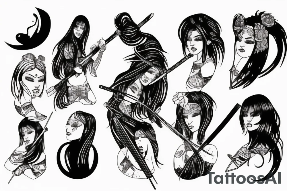 katana blackwork girl tattoo idea