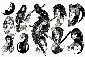 katana blackwork girl tattoo idea