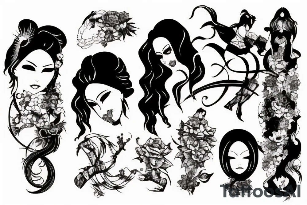 katana blackwork girl tattoo idea
