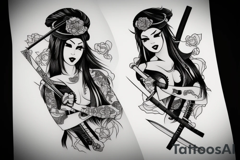 katana blackwork girl tattoo idea