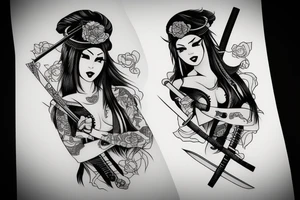 katana blackwork girl tattoo idea