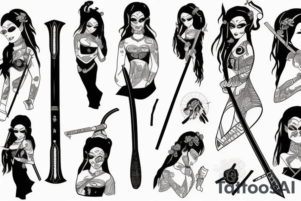 katana blackwork girl tattoo idea