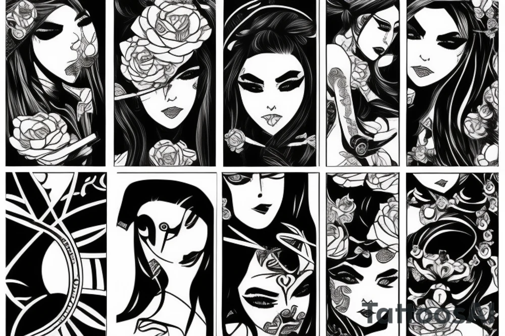 katana blackwork girl tattoo idea
