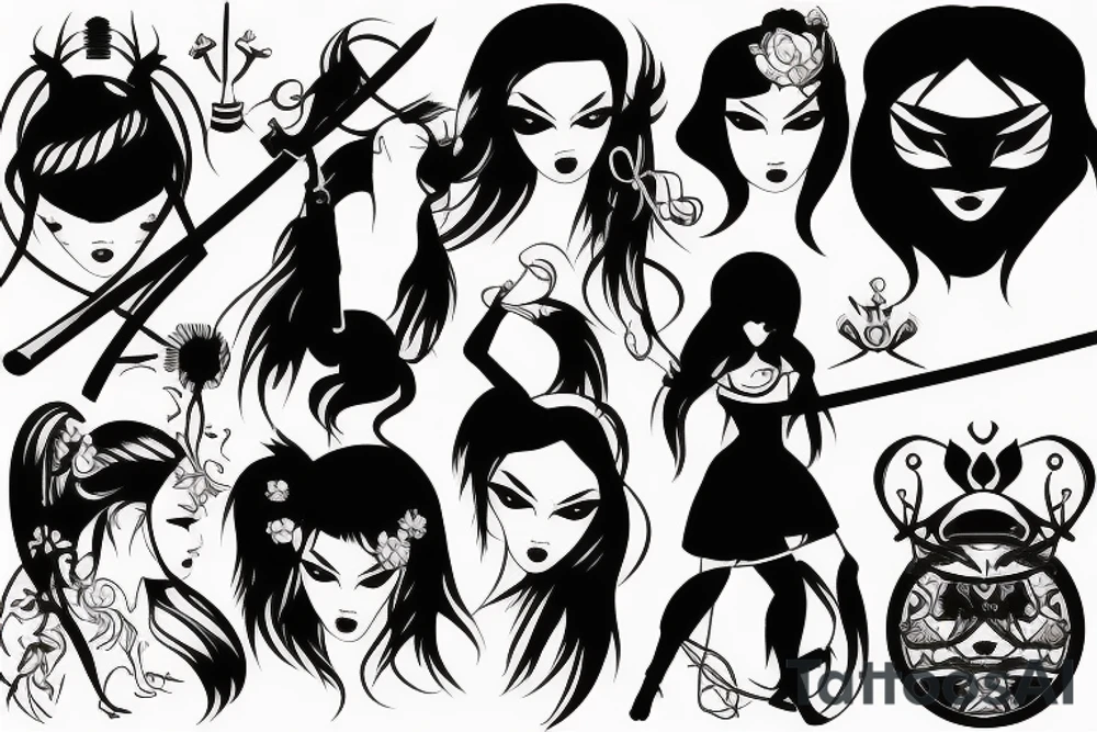 katana blackwork girl tattoo idea