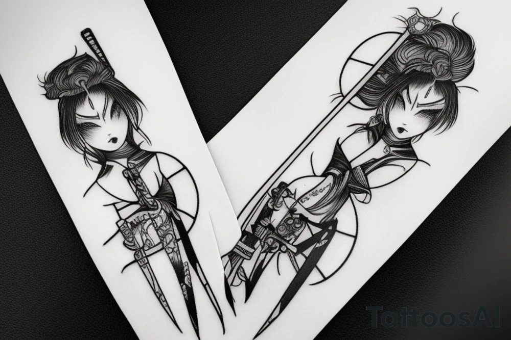 katana blackwork girl tattoo idea