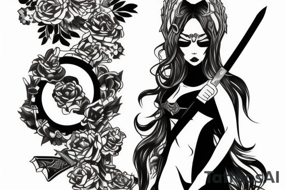 katana blackwork girl tattoo idea