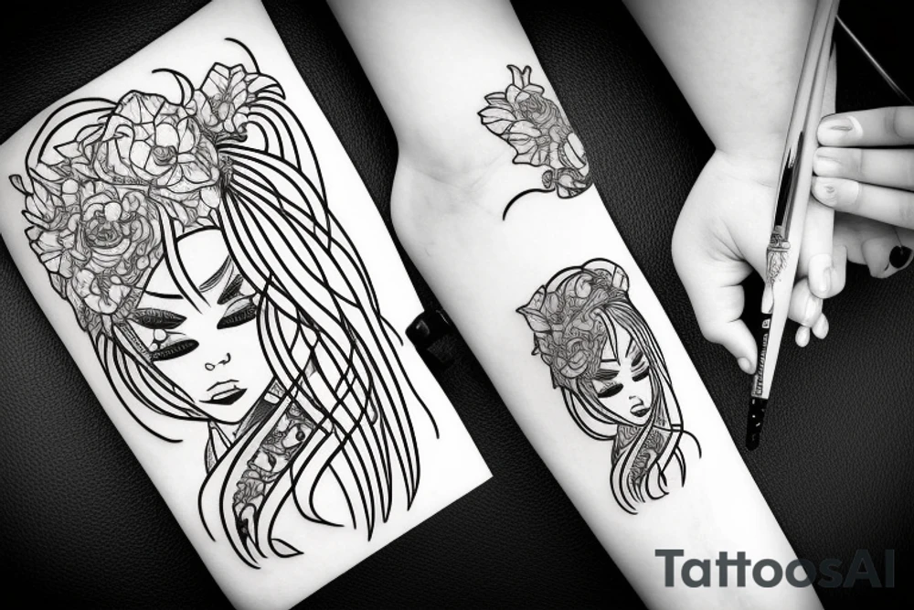 katana blackwork girl tattoo idea