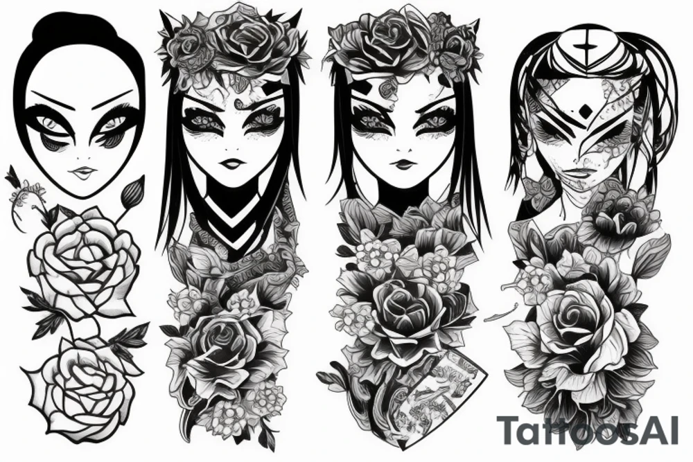 katana blackwork girl tattoo idea