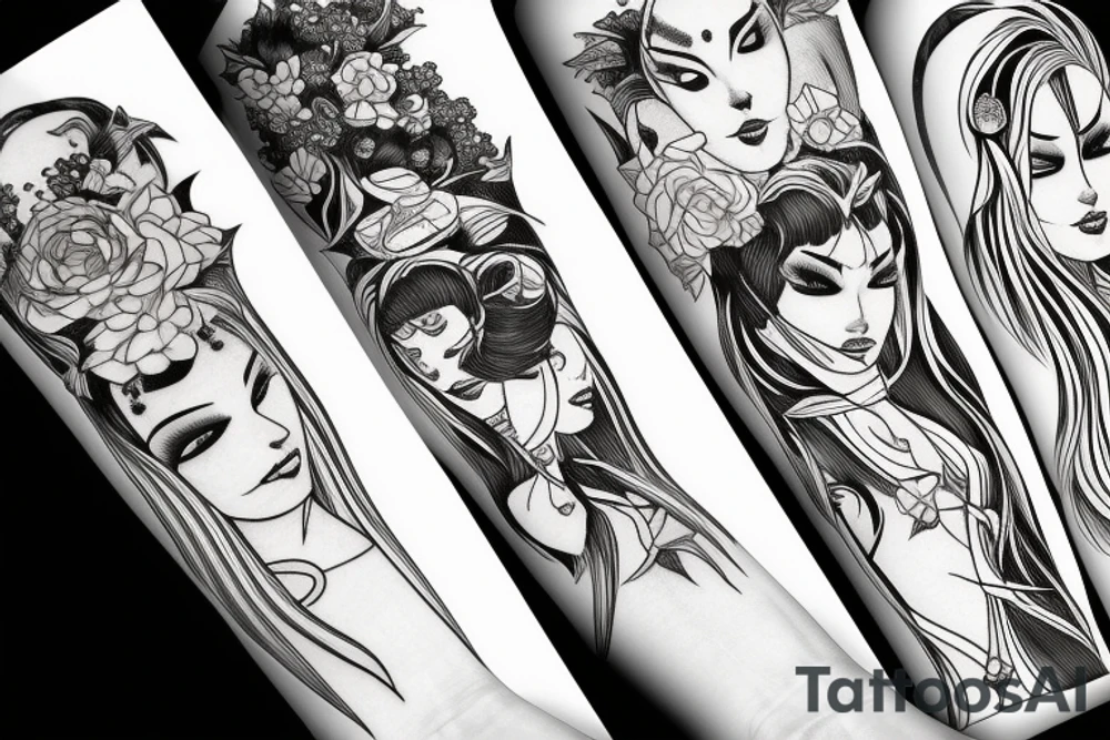 katana blackwork girl tattoo idea