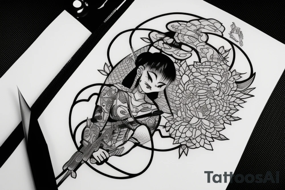 katana blackwork girl tattoo idea