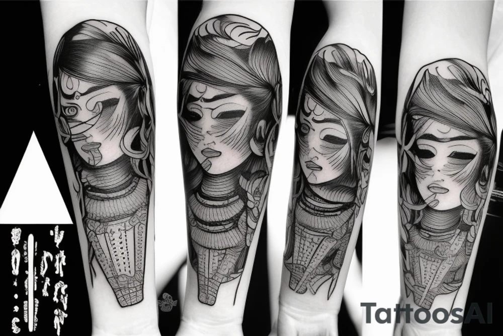 katana blackwork girl tattoo idea