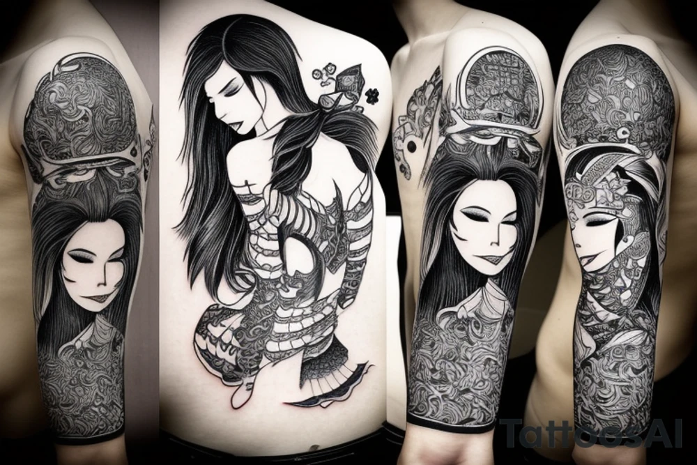 katana blackwork girl tattoo idea