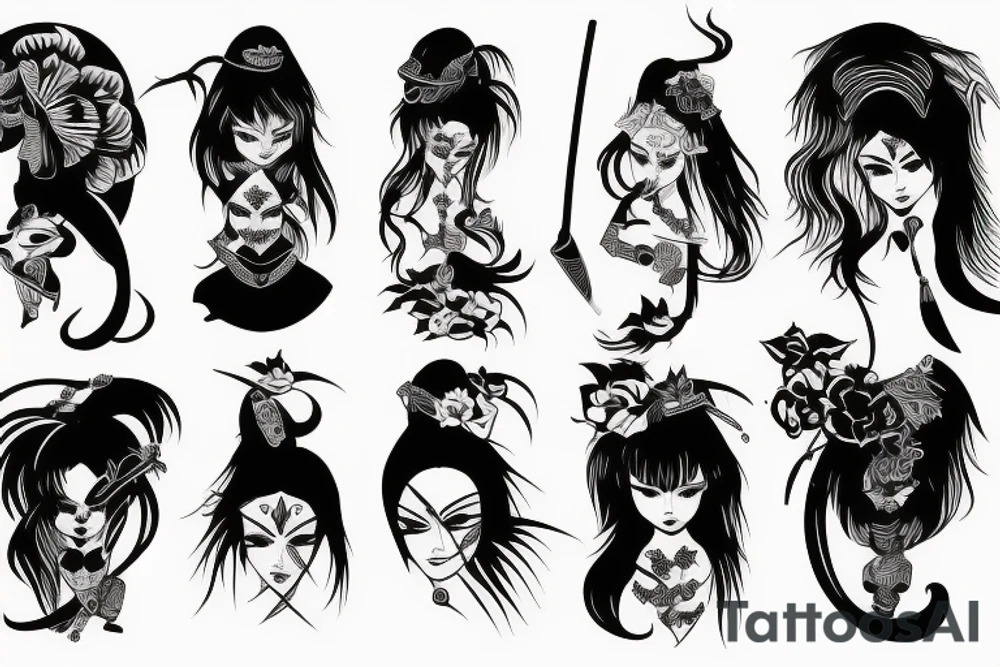 katana blackwork girl tattoo idea
