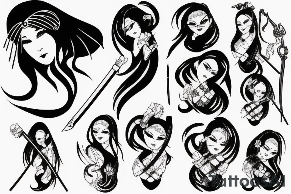 katana blackwork girl tattoo idea