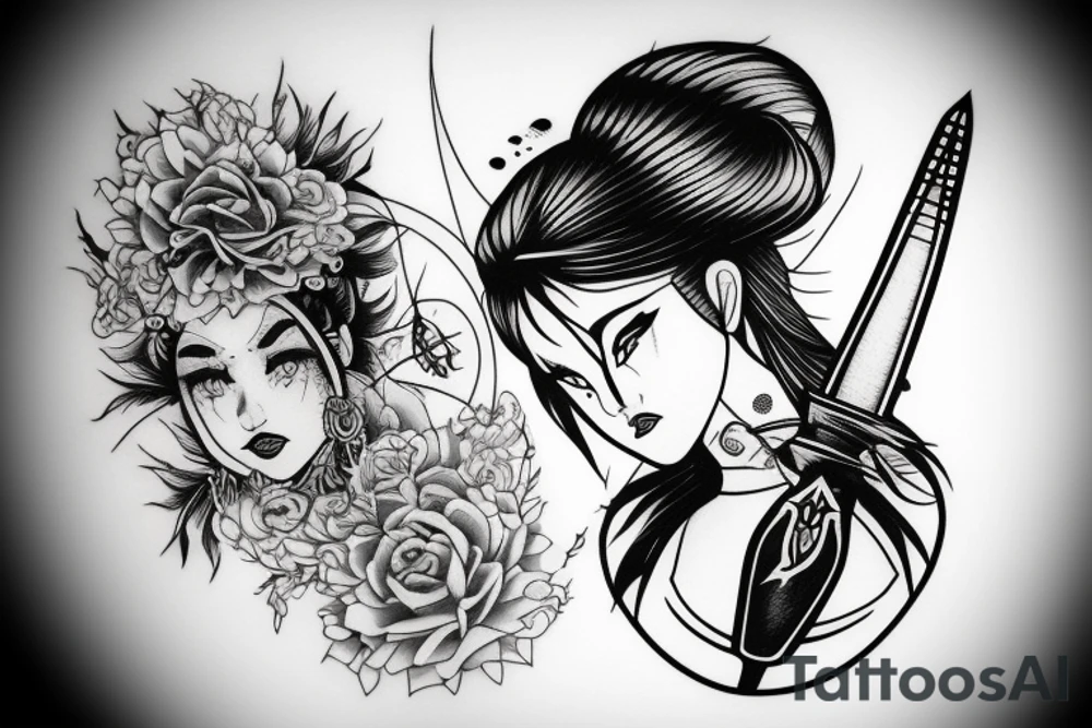 katana blackwork girl tattoo idea