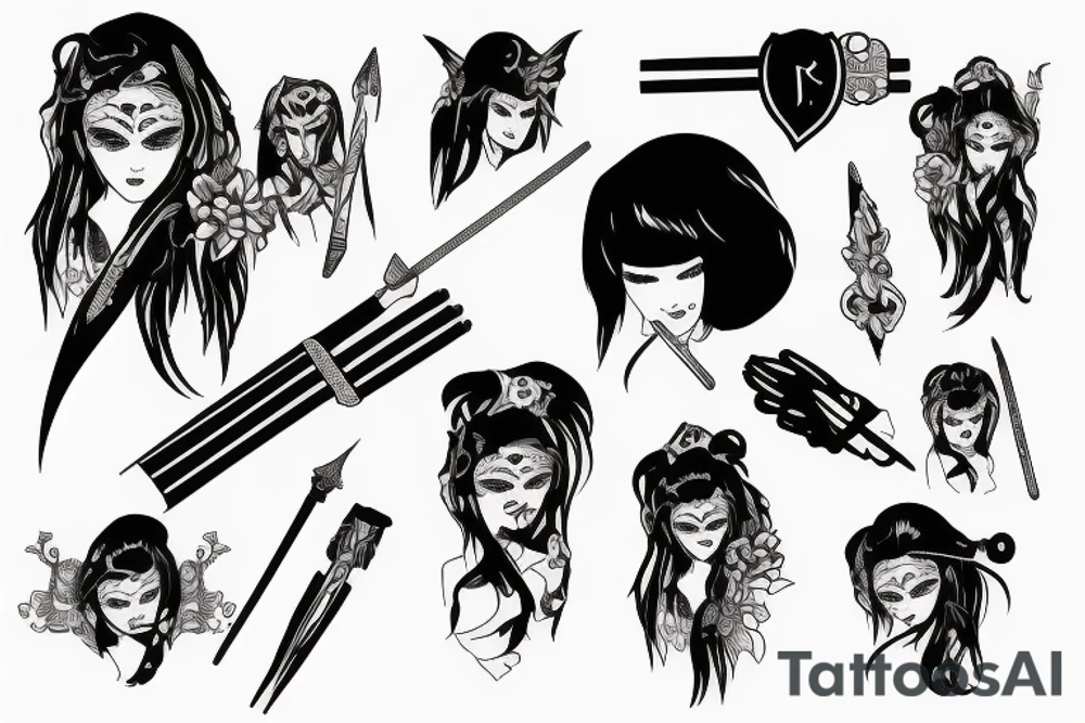 katana blackwork girl tattoo idea