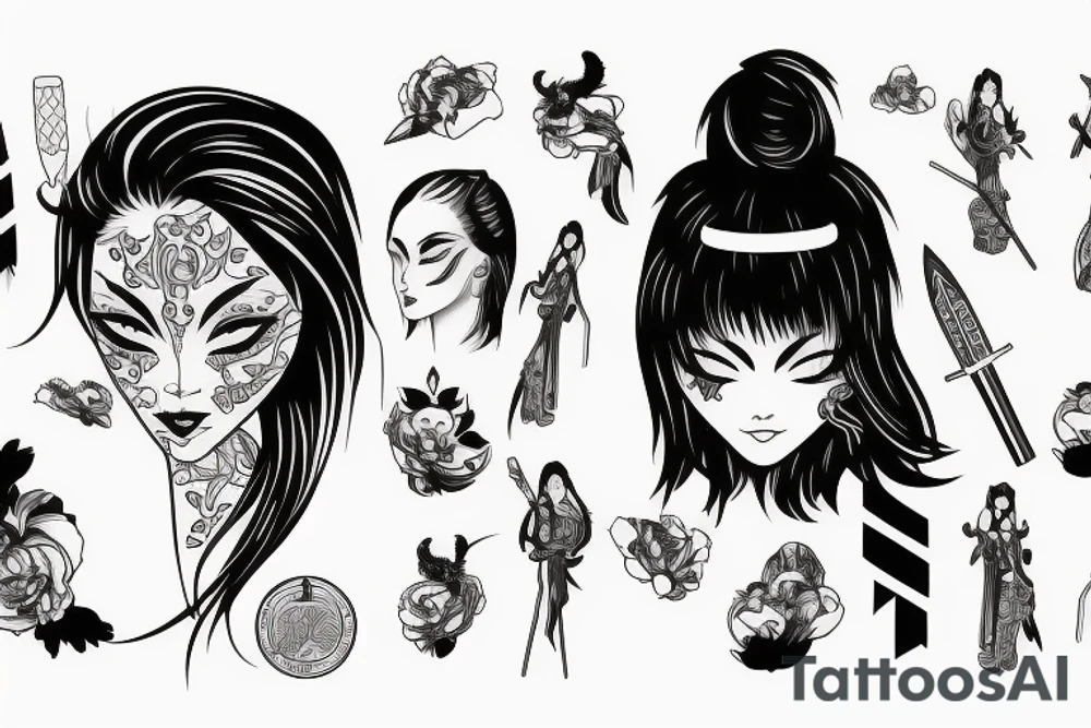 katana blackwork girl tattoo idea