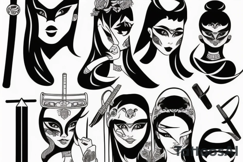 katana blackwork girl tattoo idea