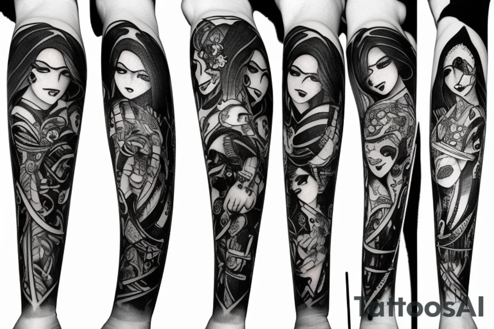 katana blackwork girl tattoo idea