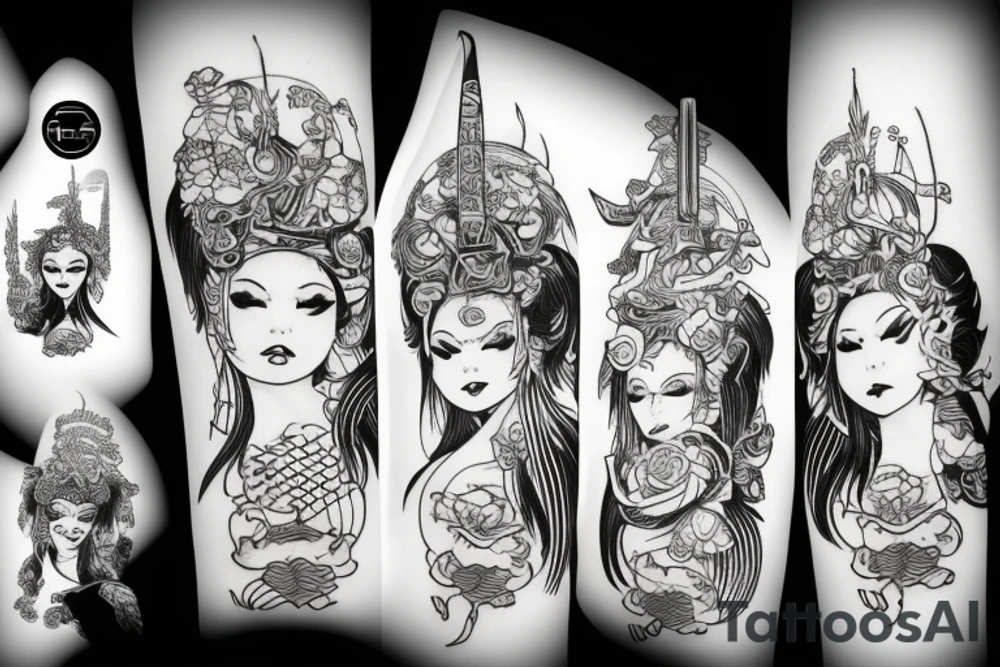 katana blackwork girl tattoo idea