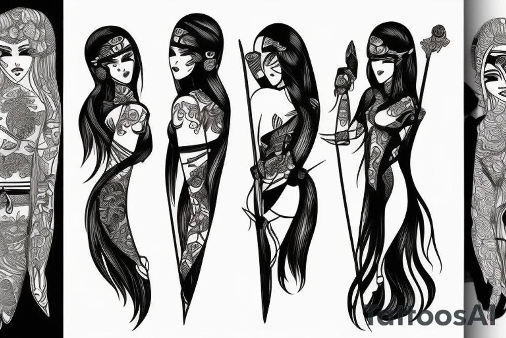 katana blackwork girl tattoo idea