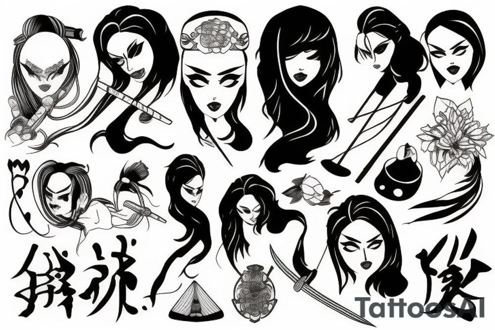 katana blackwork girl tattoo idea
