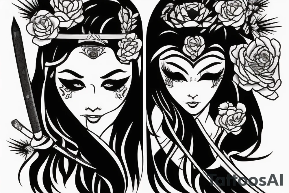 katana blackwork girl tattoo idea