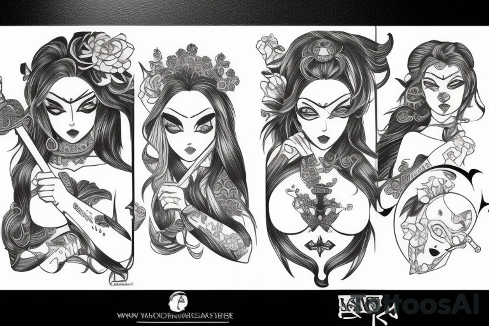 katana blackwork girl tattoo idea