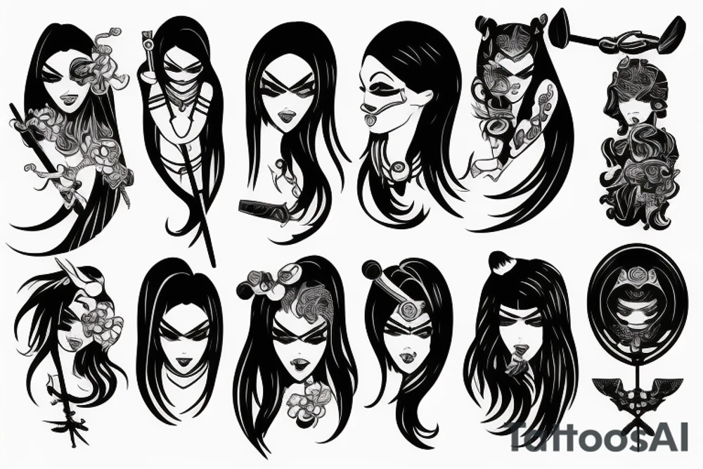 katana blackwork girl tattoo idea