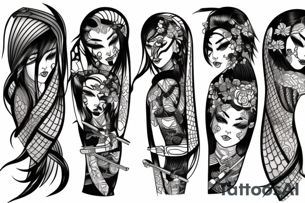 katana blackwork girl tattoo idea