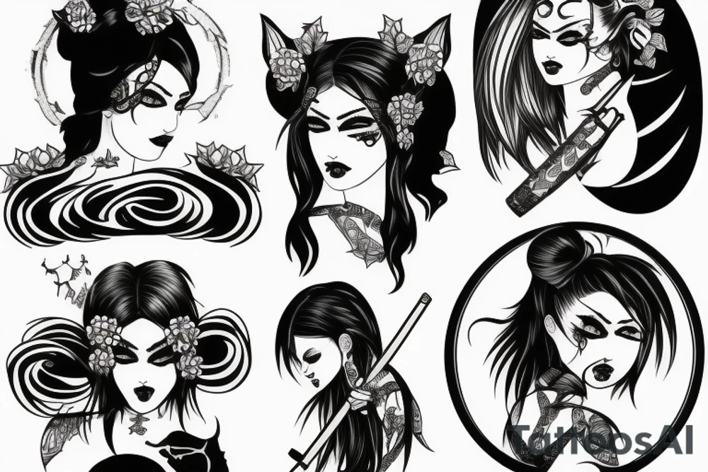katana blackwork girl tattoo idea