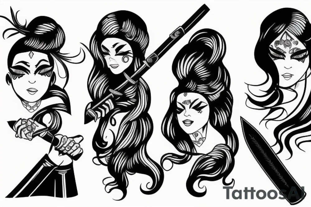 katana blackwork girl tattoo idea