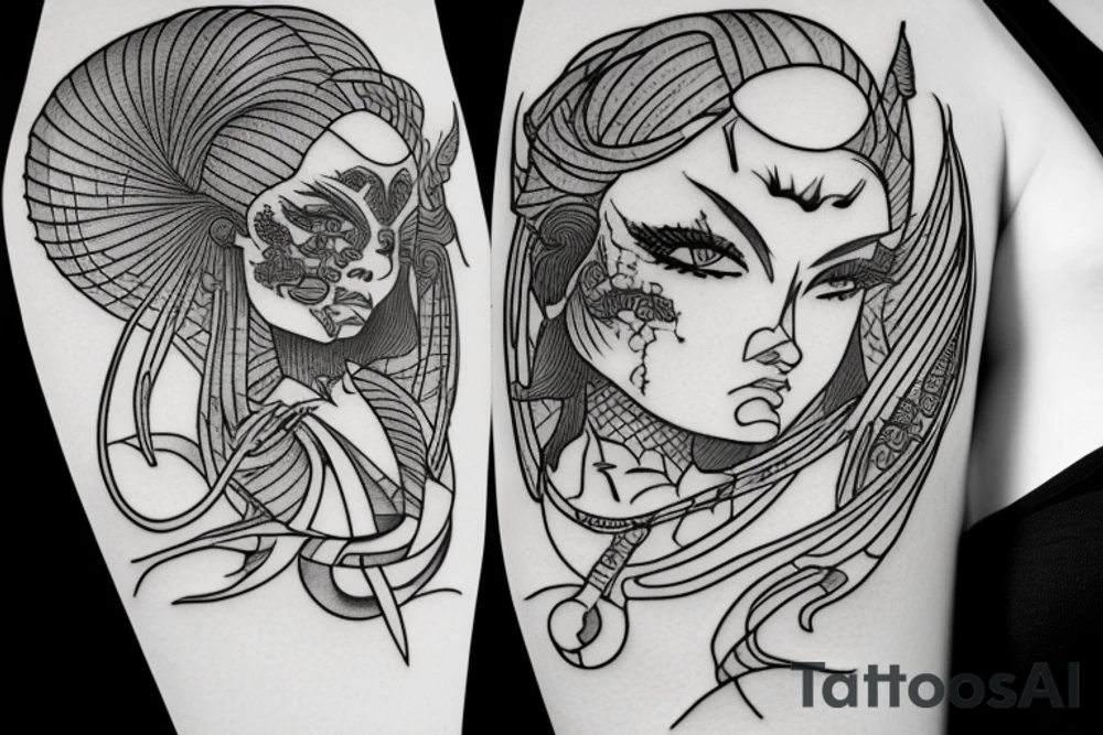 katana blackwork girl tattoo idea