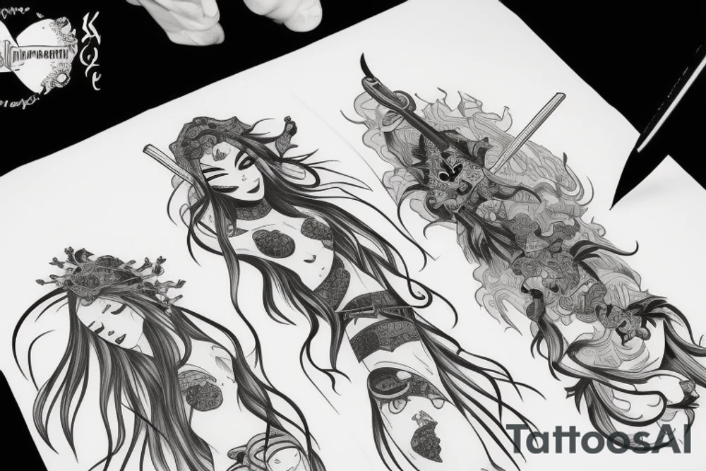 katana blackwork girl tattoo idea