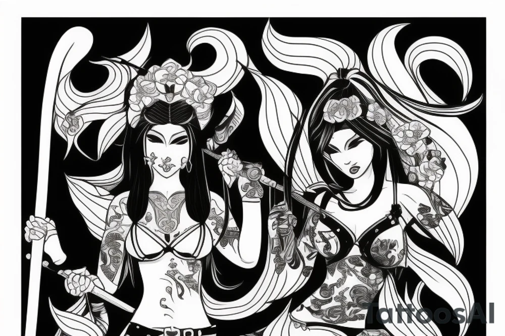 katana blackwork girl tattoo idea