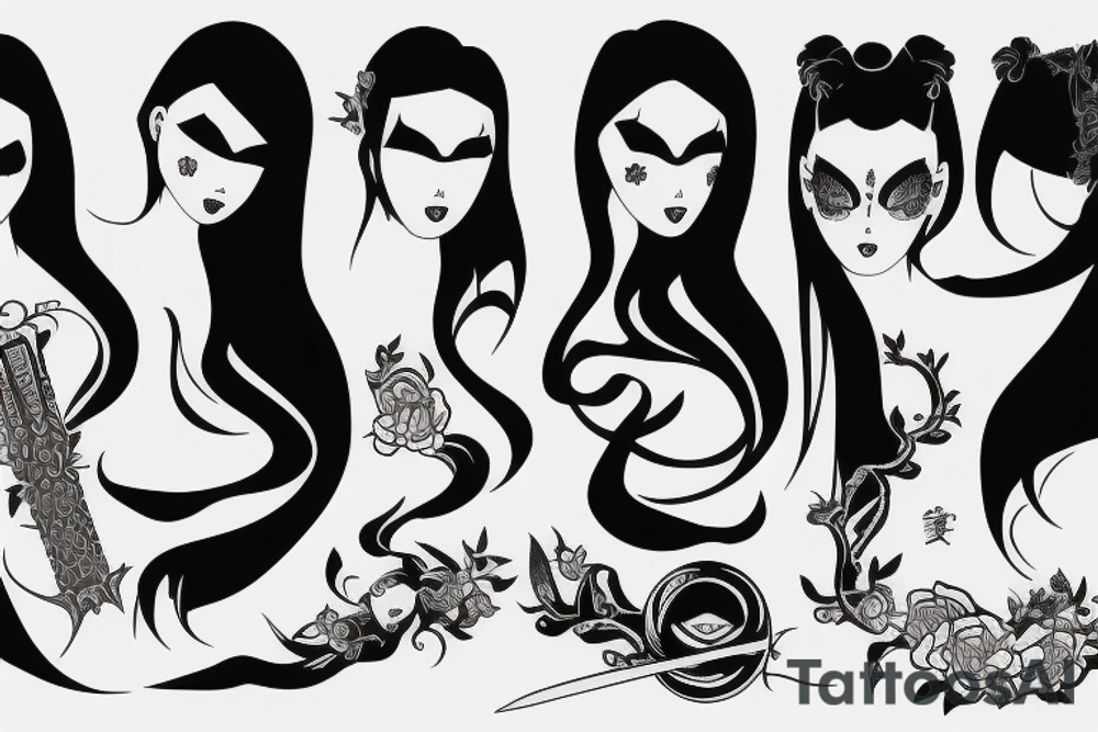 katana blackwork girl tattoo idea