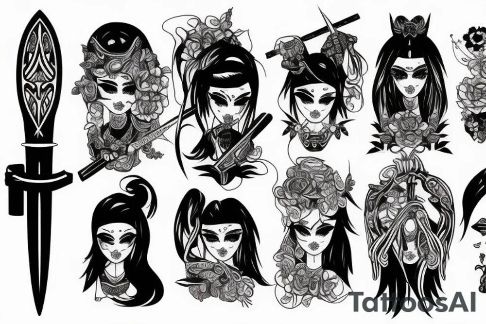 katana blackwork girl tattoo idea
